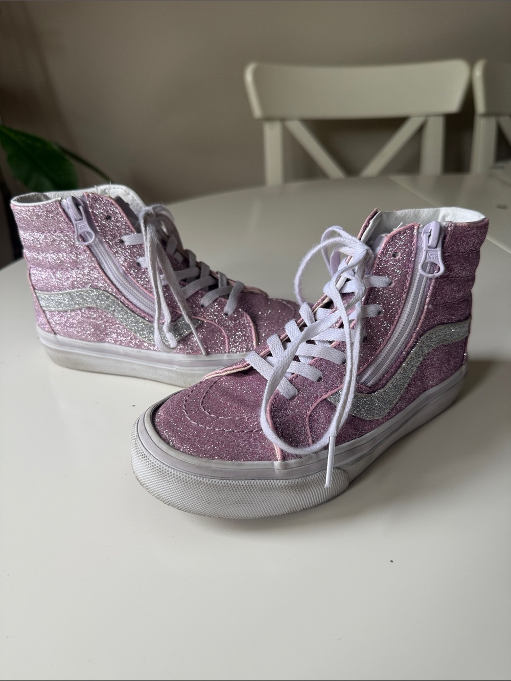 Vans Pink Glitter High-Top Sneakers with Silver Stripe